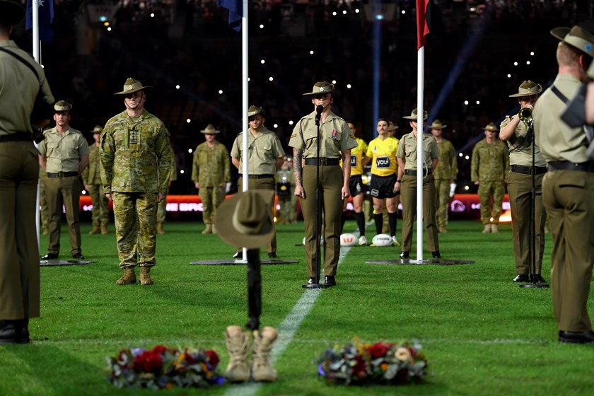 Current NRLW and ADF member Julia Robinson recited the Ode of Remembrance in the pre-game Ceremony before the Broncos v Bulldogs game at ANZAC Round.