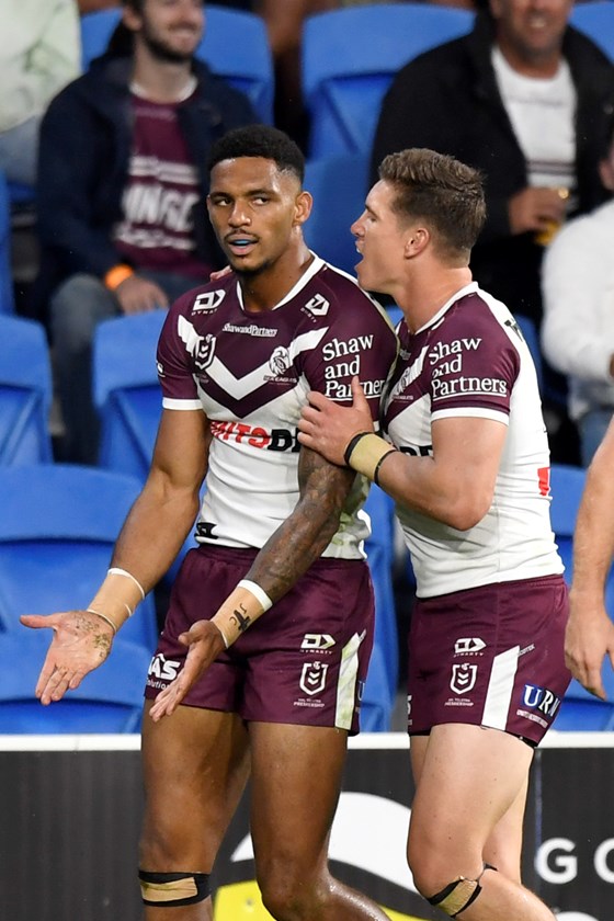 Jason Saab celebrates scoring a try on his return in the win against the Titans.