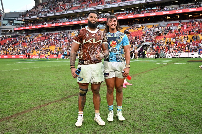 Brothers Payne Haas and Klese Haas after the Titans claimed a in win Round 12 last year.