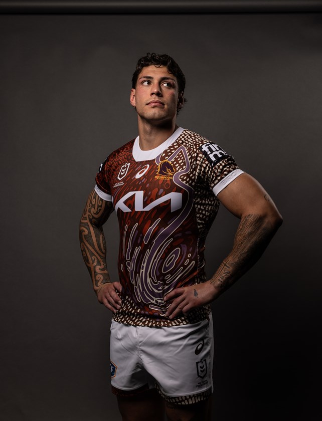 Jordan Riki wears Brisbane's Indigenous Round jersey.