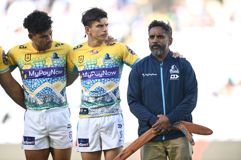 Brian Kelly, Jayden Campbell and Preston Campbell line up during NRL Indigenous Round. 