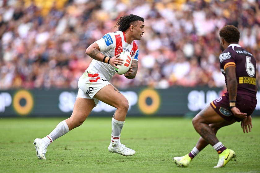 Jaydn Su'A in action for the Dragons against the Broncos.
