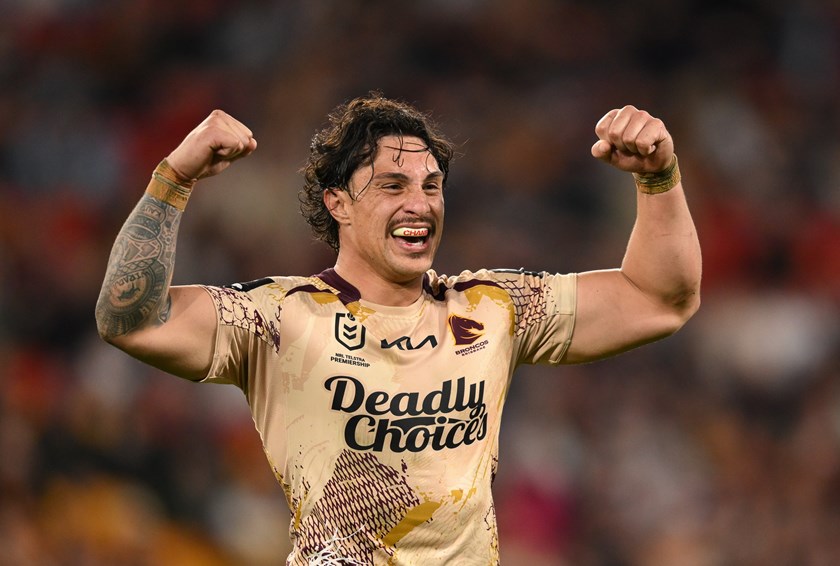 Kotoni Staggs celebrates a try during Indigenous Round.