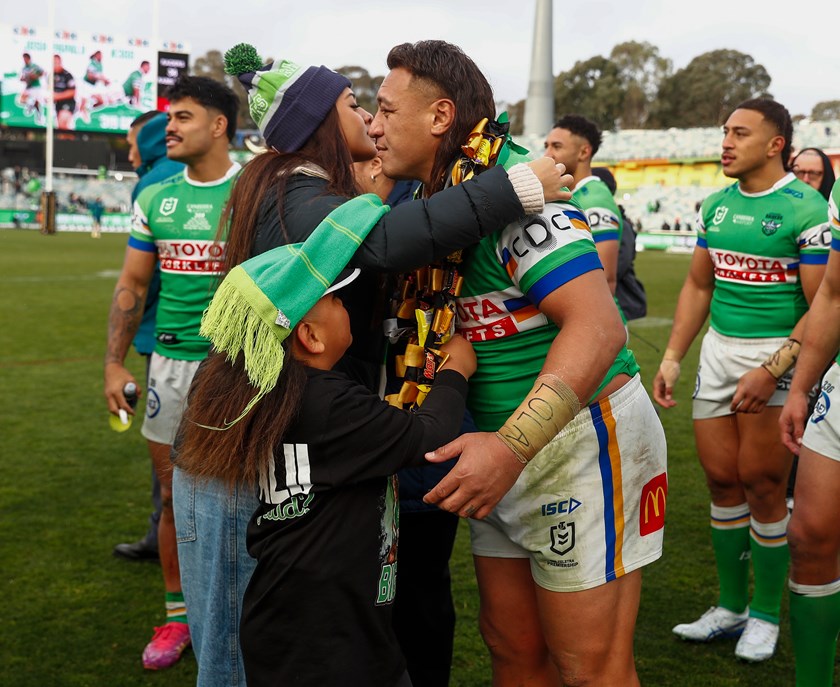 Josh Papalii celebrates his record-breaking appearance to be the most capped player for the Raiders with his family.