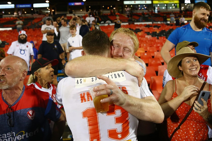 Morgan Knowles is congratulated by James Graham for winning the World Club Challenge with St Helens in 2023. 