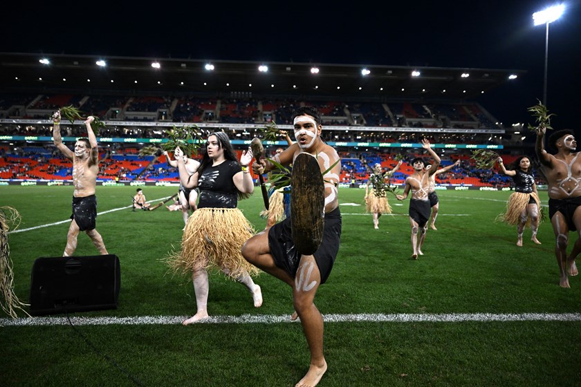NRL Indigenous Youth Summit 2025 participant Yaegan Faulkner performs before the Knights v Panthers game in Newcastle.