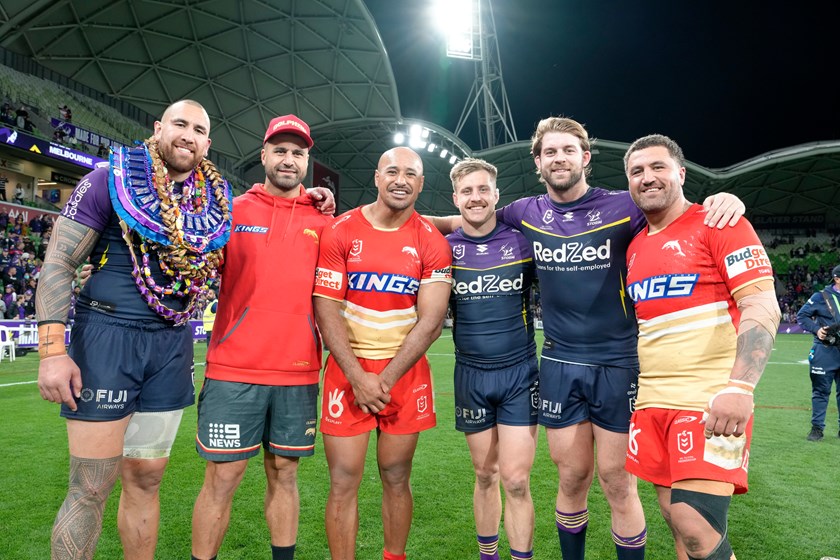 Storm reunion for Jesse Bromwich, Kenny Bromwich and Felise Kaufusi with Nelson Asofa-Solomona, Cameron Munster and Christian Welch.