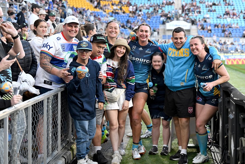Titans players Jess Elliston, Georgia Hale and Niall Williams-Guthrie and crew.