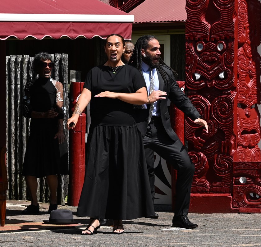 Māori Queen Ngawai hono i te po Paki performed a haka at the 2026 All Stars pōwhiri at the Tūrangawaewae Marae.