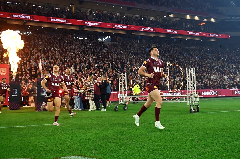 Trent Loiero runs out as 18th player for the Maroons in 2024.