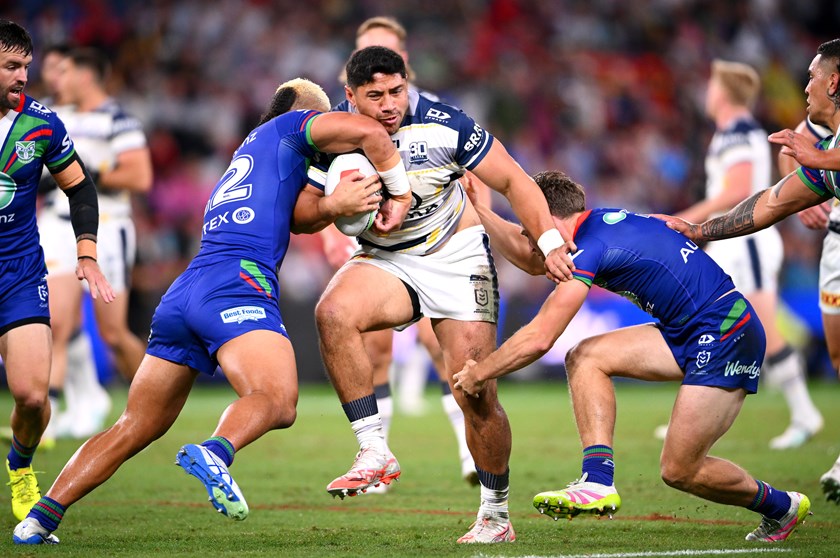 Leka Halasima tackles Cowboys forward and Tonga co-captain Jason Taumalolo.