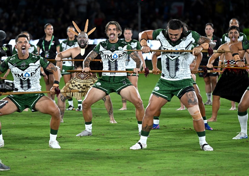 Jesse Arthars performs the haka before the 2025 NRL All Stars match.