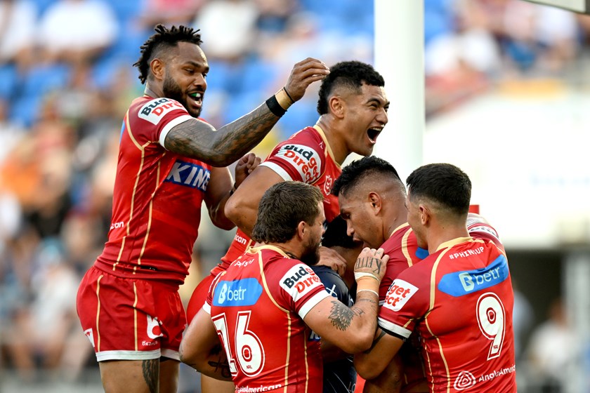 Isaiya Katoa and the Dolphins celebrate against the Titans.