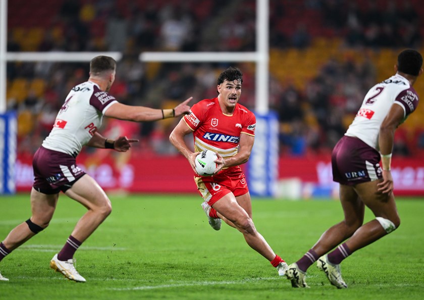 Herbie Farnworth with the ball in his return game against Manly.