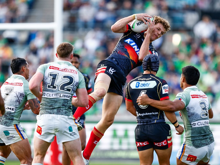 Jack Bostock goes up for the ball against the Raiders.