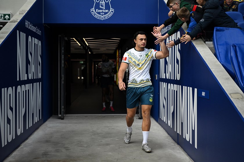 Tino Fa'asuamaleaui greets fans before Kangaroos training at the 2025 Ashes.