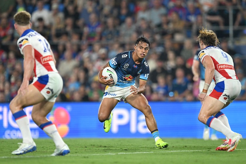 Keano Kini in action against the Newcastle Knights. Kini is expected to be sideline long-term with a neck injury.