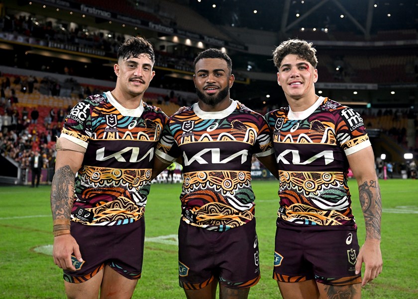 Broncos players Kotoni Staggs, Ezra Mam and Reece Walsh.