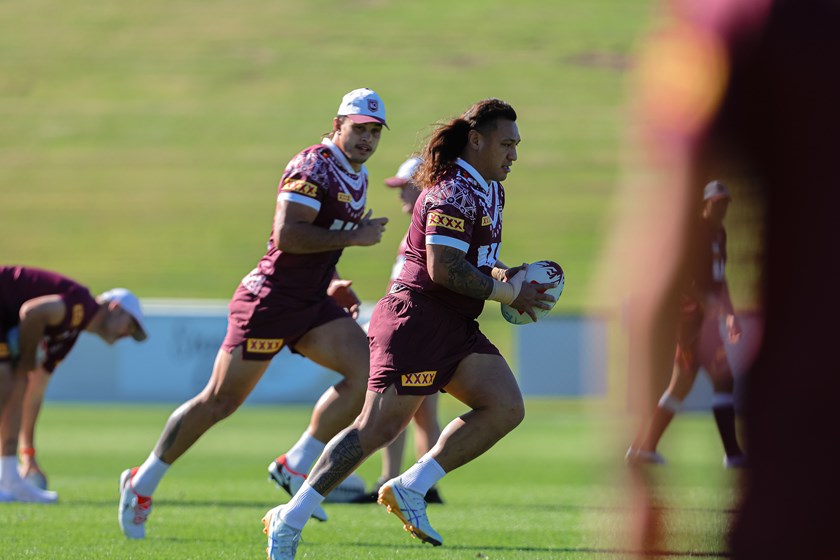 Josh Papalii and Tino Fa'asuamaleaui at Maroons training on the Sunshine Coast.