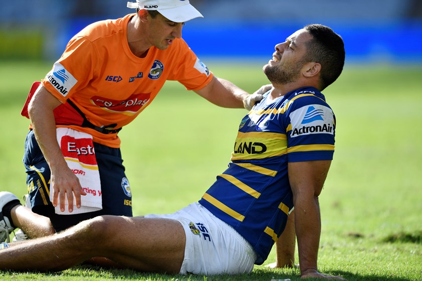 Parramatta's Jarryd Hayne after getting injured against Manly.