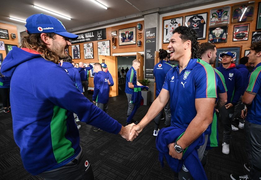 Josh Curran and Dallin Watene-Zelezniak are all smiles on their return to the Warriors spiritual home.