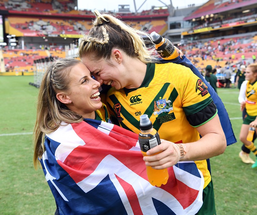 Sam Bremner and Kezie Apps embrace after the 2017 World Cup final.