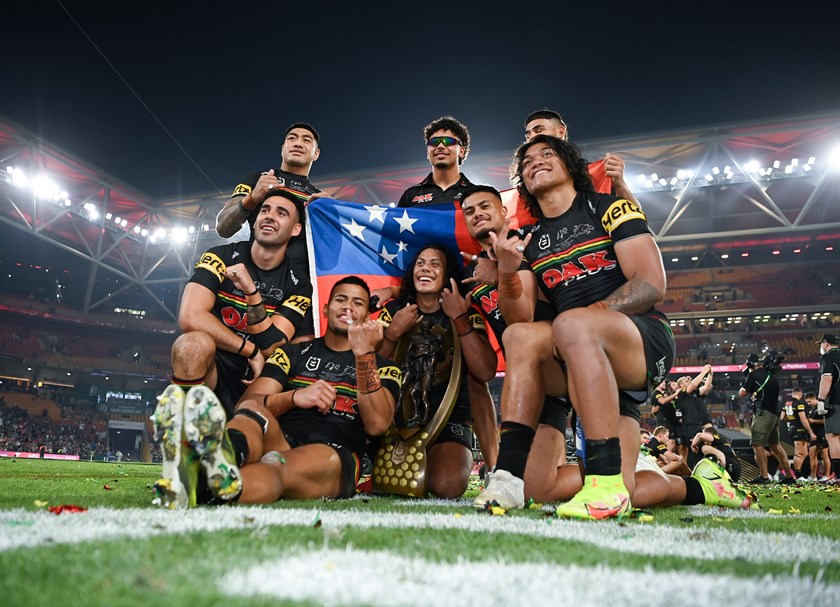 Penrith's Samoan connection celebrate after their 2021 premiership win
