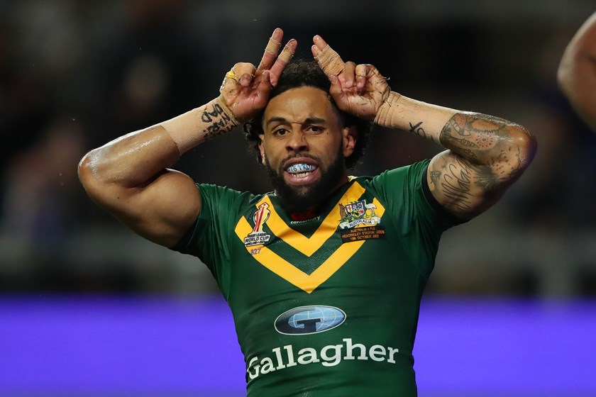 Josh Addo-Carr celebrates his runaway try against Fiji.