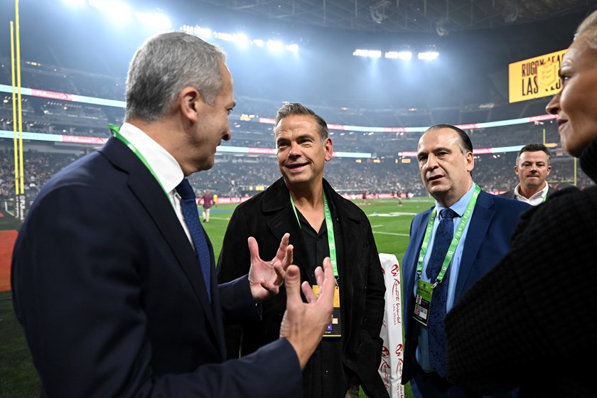 Fox Corp chairman Lachlan Murdoch at Allegiant Stadium with ARLC chair Peter V'landys and NRL CEO Andrew Abdo