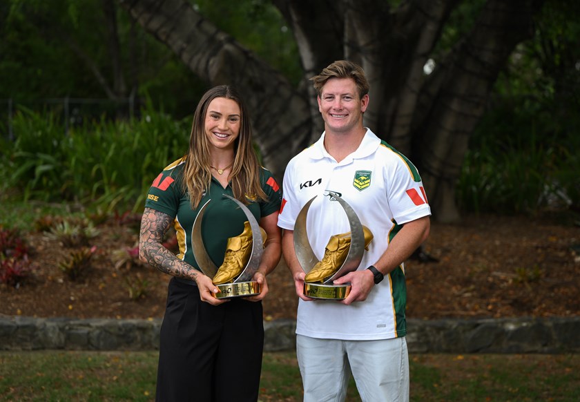 Australia's Harry Grant and Julia Robinson with their Golden Boot awards after being chosen as the Men's and Women's 2025 International Rugby League Player of the Year.