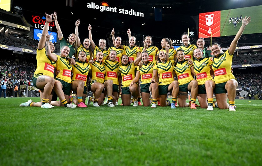 The Jillaroos celebrate their record 90-4 win against England in Las Vegas.