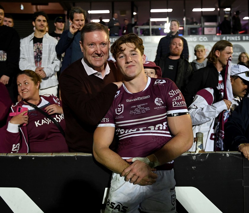 Jamie Humphreys with dad Stephen after making his NRL debut for Manly in 2024. 