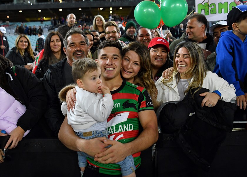 Peter Mamouzelos celebrates his NRL debut in 2021 with family, including mother Denise and father Theo.