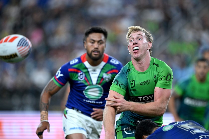Zac Hosking in action for the Raiders against the Warriors in Round 1 at Allegiant Stadium.