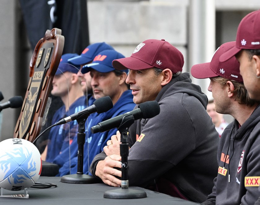 Maroons coach Billy Slater sat next to his Blues counterpart Laurie Daley at a joint press conference in Perth.