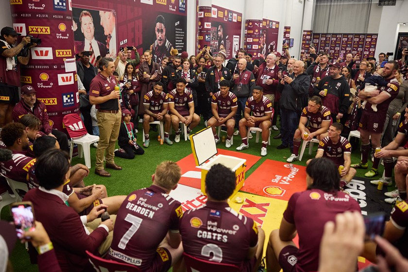 Billy Slater addresses the Maroons after their epic 26-24 win in Perth.