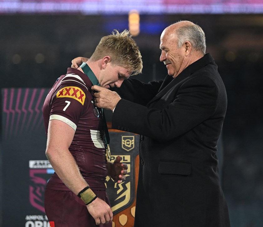 Tom Dearden received the Wally Lewis Medal after taking over the halfback and role and leading the Maroons to back-to-back away wins. 