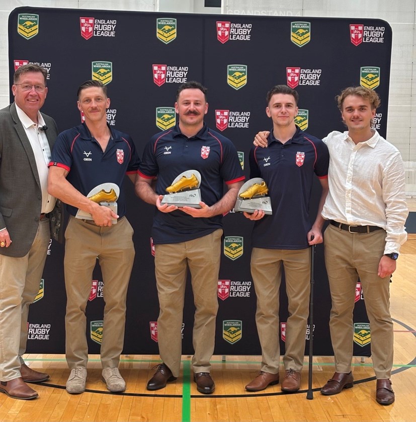 IRL Chair Troy Grant with Golden Boot winners Jack Brown (2019), Seb Bechara (2022), Rob Hawkins (2024) and England coach Tom Coyd.