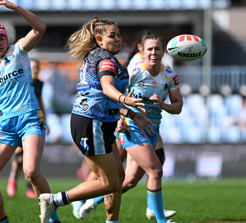 Caitlan Johnston-Green made her NRLW debut for the Sharks against the Titans.