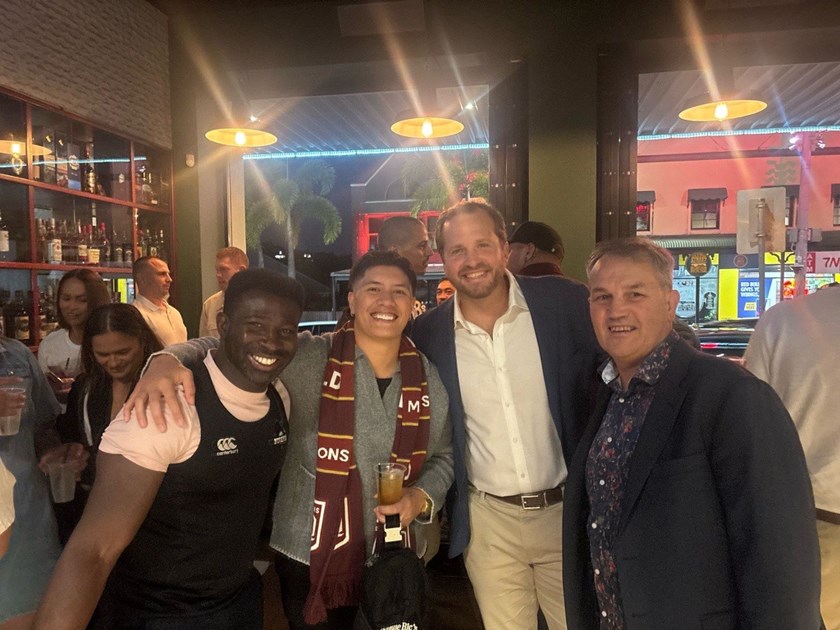 Nigerian women's coach Bolu Fagborun, Broncos five-eighth Gayle Broughton and RLPA CEO Clint Newton catch up pre-game. 