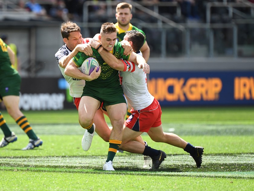 AJ Brimson in action for Australia at the 2019 World Cup 9s tournament.