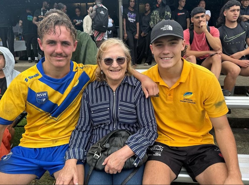 Jett Cleary (left) with his cousin Phoenix Death and their grandmother, Maree, at a Ukraine Tridents match.