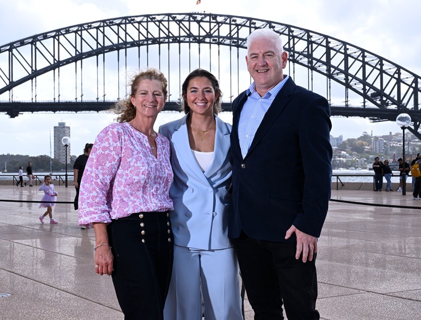 Jocelyn Kelleher with her mother Jo and father Peter at the NSW Blues Origin launch.