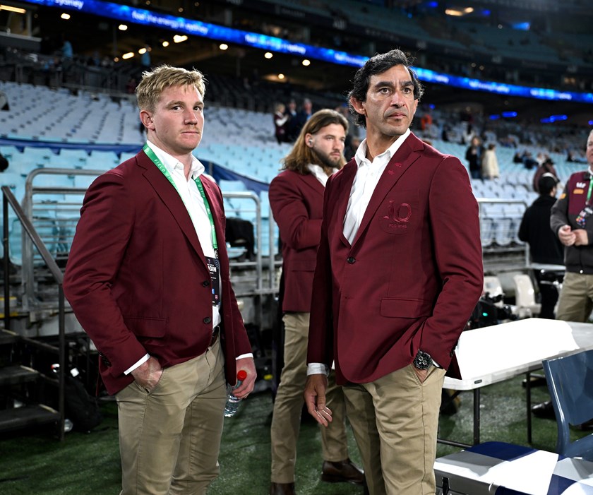 Queensland halfbacks Tom Dearden and Johnathan Thurston.