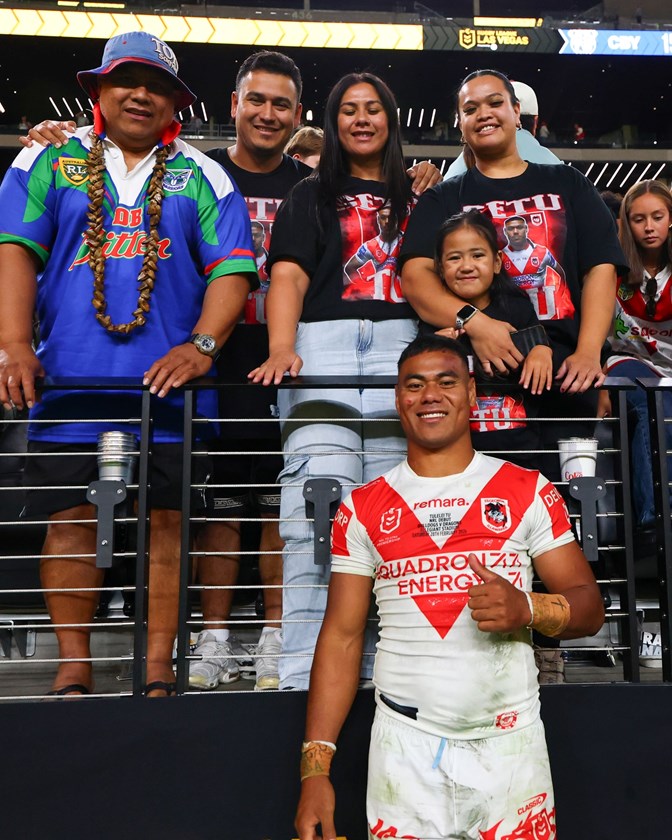 Setu Tu celebrates his NRL debut for the Dragons with family at Allegiant Stadium.