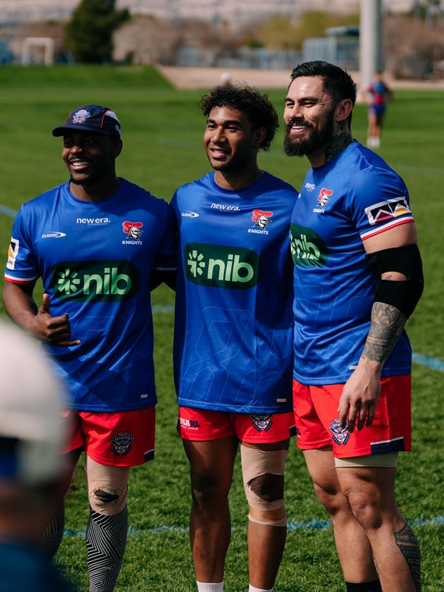 LA Roosters team-mates Shingirai Hlanguyo and Esteban Tupuola joined Daniel Vidot at a training session with the Newcastle Knights in Vegas.  