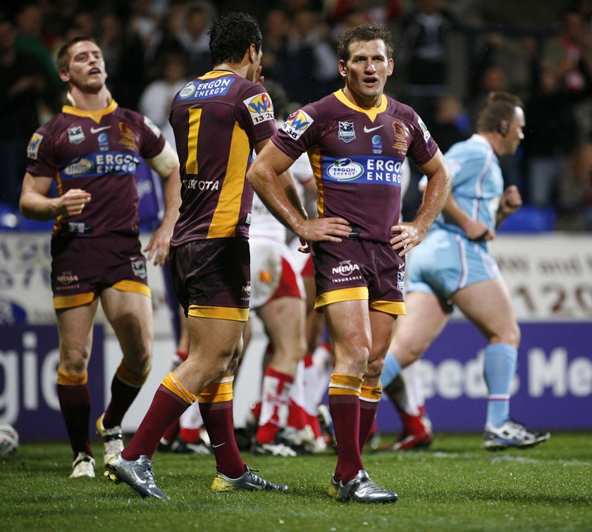 Despair for Broncos trio Brent Tate, Karmichael Hunt and Shane Perry at Reebok Stadium in 2007.