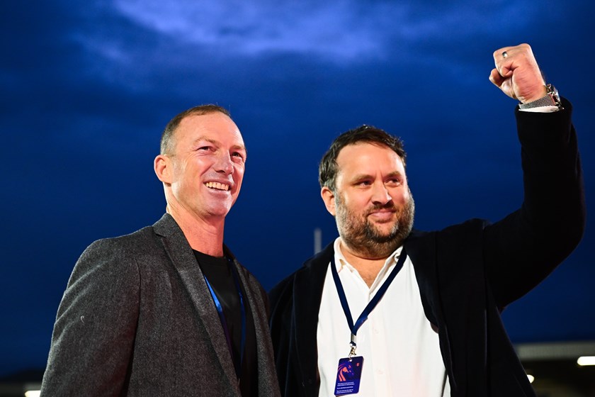 Australian rugby league great Darren Lockyer and London Broncos co-owner Grant Wechsel celebrate the club's first win since they took charge.